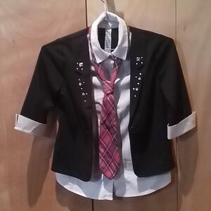 Girl's false black jacket shirt w/real pink plaid tie, says 14 (fits 12)